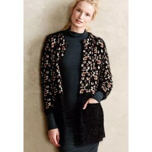 Anthropologie Feathered Leo Cardigan by La Fee Verte - Sz Small Black Motif